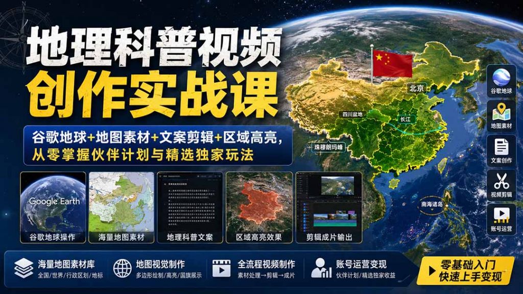 地理科普视频创作实战课：谷歌地球+地图素材+文案剪辑+区域高亮，从零掌握伙伴计划与精选独家玩法-孔明聊项目