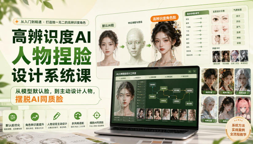 高辨识度AI人物捏脸设计系统课，从模型默认脸，到主动设计人物，摆脱AI同质脸-孔明聊项目