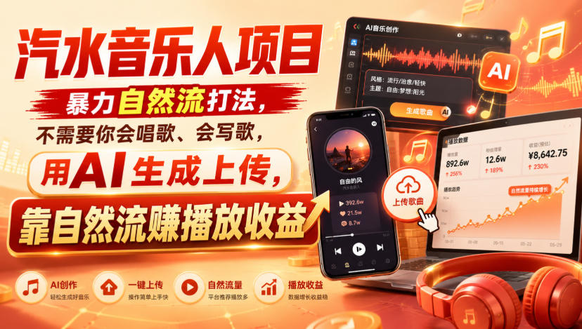 汽水音乐人项目，暴力自然流打法，不需要你会唱歌、会写歌，用AI生成上传，靠自然流賺播放收益-孔明聊项目