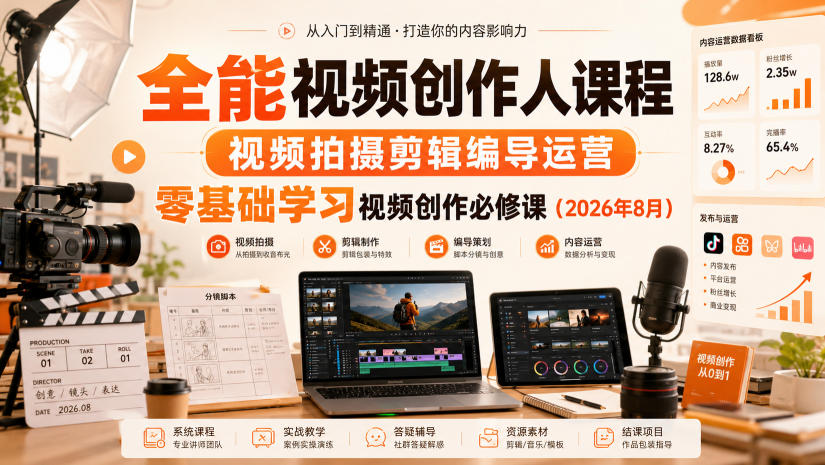 全能视频创作人课程，视频拍摄剪辑编导运营，零基础学习视频创作必修课(2026年8月)-孔明聊项目
