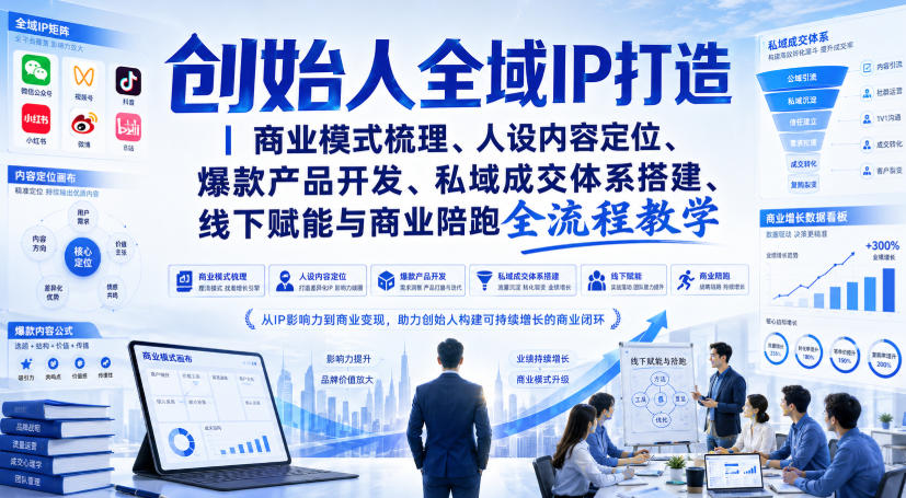 创始人全域IP打造｜商业模式梳理、人设内容定位、爆款产品开发、私域成交体系搭建、线下赋能与商业陪跑全流程教学-孔明聊项目