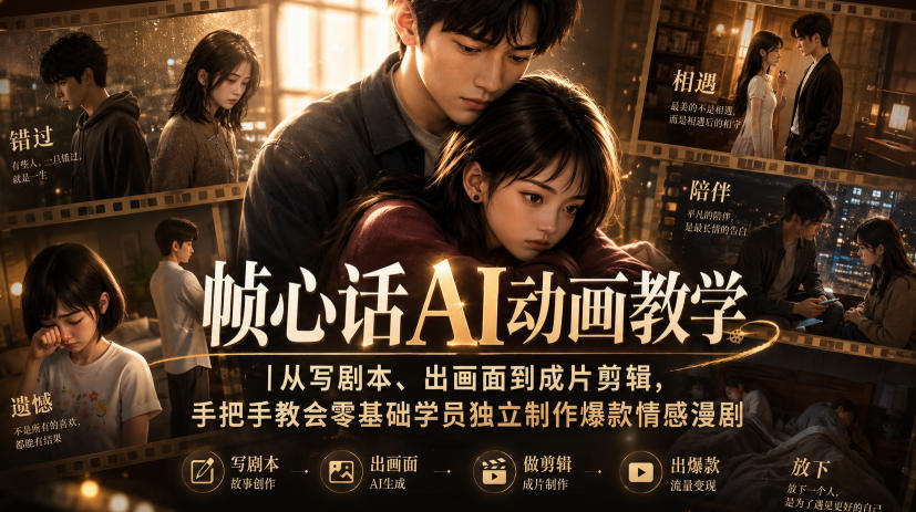 帧心话AI动画教学｜从写剧本、出画面到成片剪辑，手把手教会零基础学员独立制作爆款情感漫剧-孔明聊项目