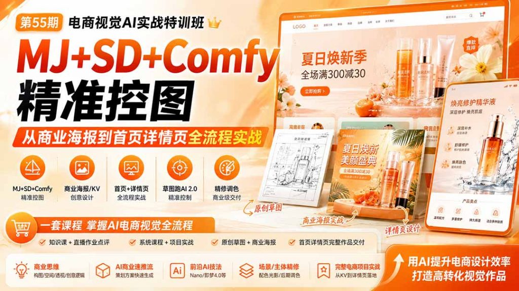 电商视觉 AI实战训练营第55期：MJ+SD+Comfy精准控图，从商业海报到首页详情页全流程实战-孔明聊项目