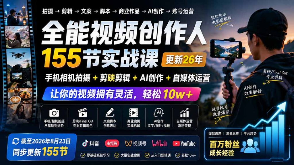 全能视频创作人155节实战课-更新26年8月：手机相机拍摄+剪映剪辑+AI创作+自媒体运营，让你的视频拥有灵活，轻松10w-孔明聊项目