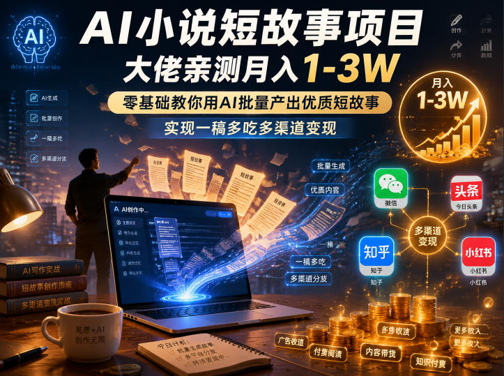 AI小说短故事项目，大佬亲测月入1-3W，零基础教你用AI批量产出优质短故事，实现一稿多吃多渠道变现(更新0824)-孔明聊项目