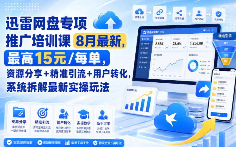 迅雷网盘专项推广培训课8月最新，最高15米/每单，资源分享+精准引流+用户转化，系统拆解最新实操玩法(更新0824)-孔明聊项目