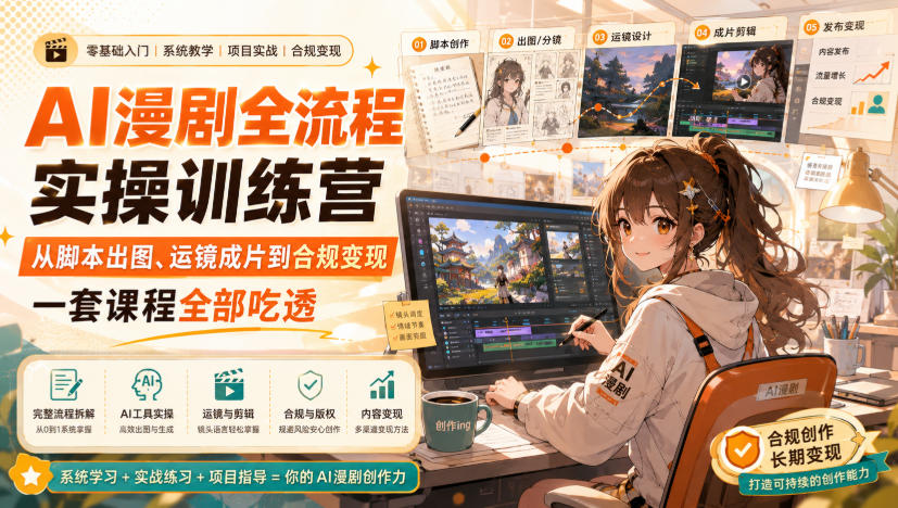 AI漫剧全流程实操训练营，从脚本出图、运镜成片到合规变现，一套课程全部吃透-孔明聊项目