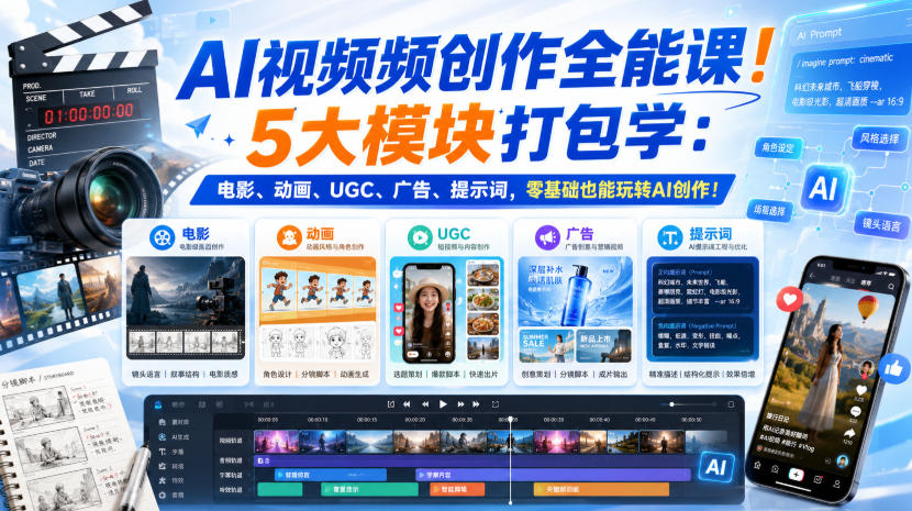AI视频频创作全能课！5大模块打包学：电影、动画、UGC、广告、提示词，零基础也能玩转AI创作！【原创双语字幕】-孔明聊项目