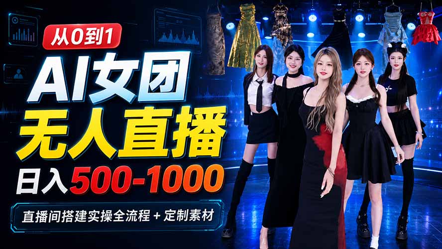 AI 女团无人直播，躺入500-1000每天，直播间搭建实操全流程+定制素材-孔明聊项目