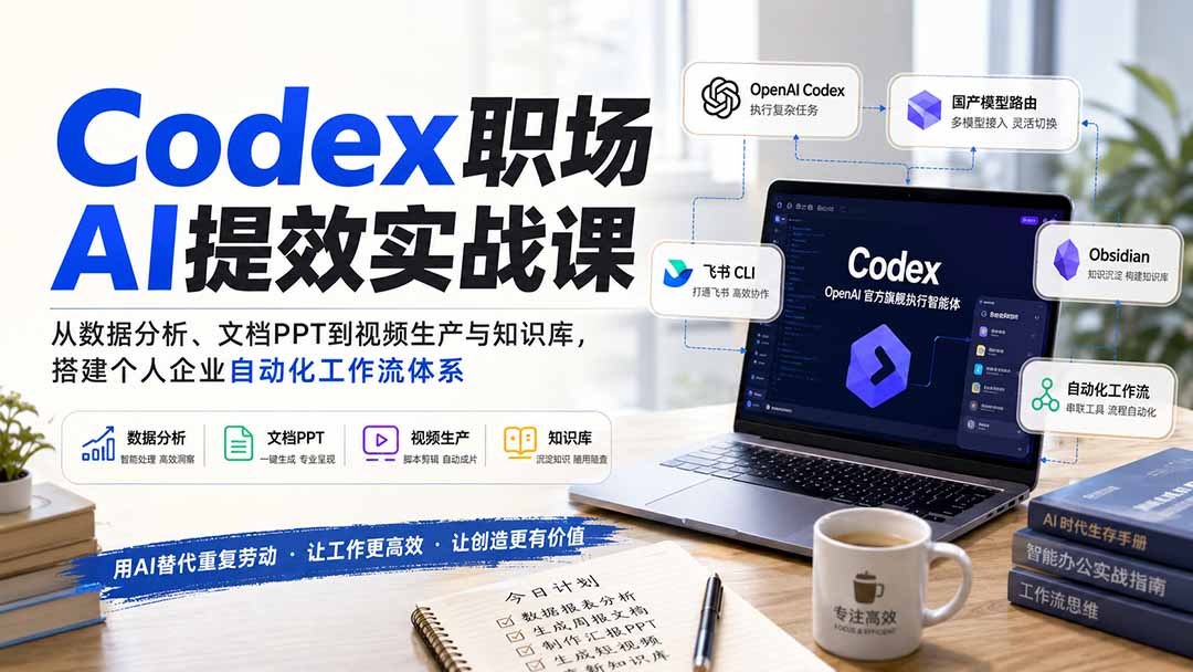 Codex职场AI提效实战课：从数据分析、文档PPT到视频生产与知识库，搭建个人企业自动化工作流体系-孔明聊项目