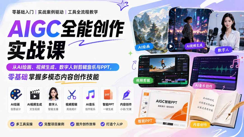 AIGC全能创作实战课：从AI绘画、视频生成、数字人到剪辑音乐与PPT，零基础掌握多模态内容创作技能-孔明聊项目
