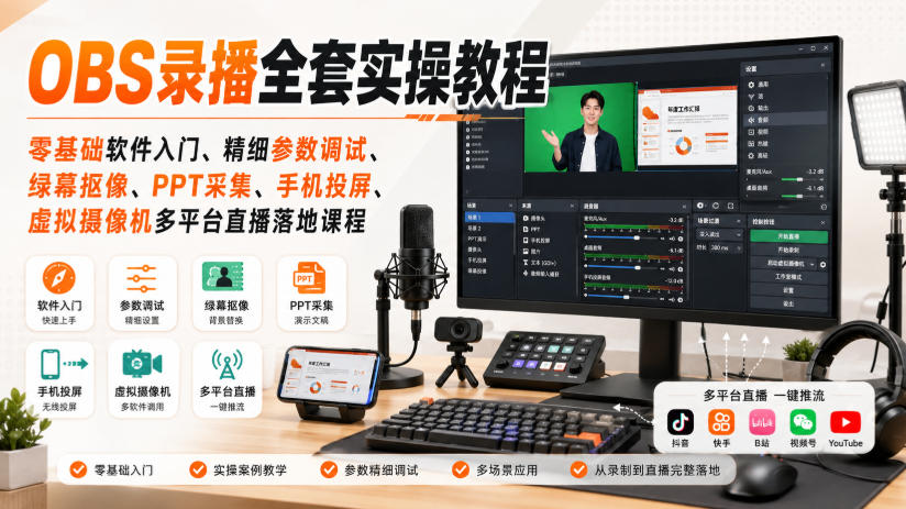 OBS录播全套实操教程｜零基础软件入门、精细参数调试、绿幕抠像、手机投屏、虚拟摄像机多平台直播落地课程-孔明聊项目