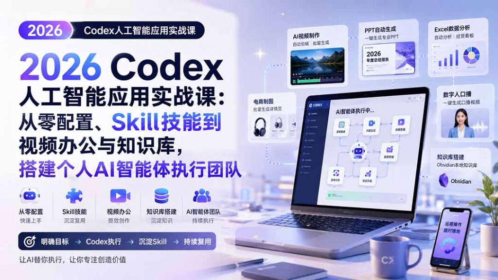 2026 Codex人工智能应用实战课:从零配置、Skill技能到视频办公与知识库,搭建个人AI智能体执行团队-孔明聊项目