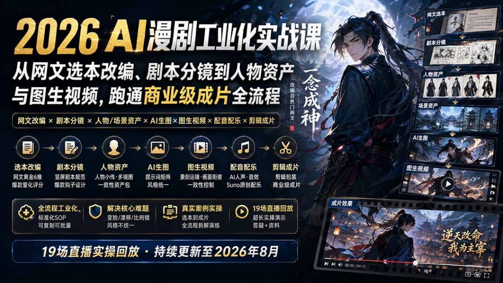 2026 AI漫剧工业化实战课-更新：从网文选本改编、剧本分镜到人物资产与图生视频，跑通商业级成片全流程-孔明聊项目