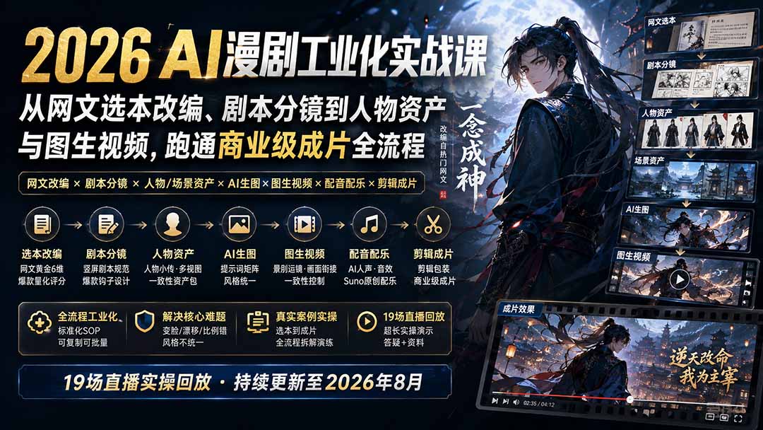 2026 AI漫剧工业化实战课-更新：从网文选本改编、剧本分镜到人物资产与图生视频，跑通商业级成片全流程-孔明聊项目