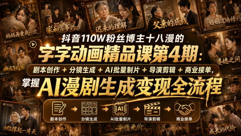 抖音110W粉丝博主十八漫的字字动画精品课第4期：剧本创作+分镜生成+剪辑+商业接单，掌握AI漫剧生成变现全流程-孔明聊项目