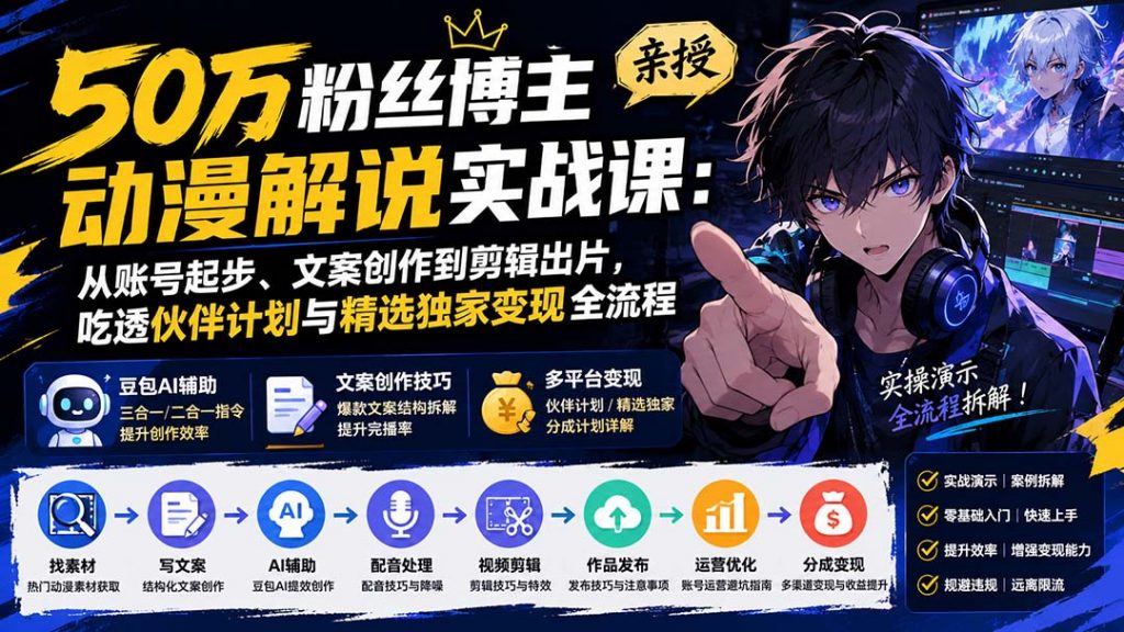 50万粉丝博主亲授动漫解说实战课：从账号起步、文案创作到剪辑出片，吃透伙伴计划与精选独家变现全流程-孔明聊项目