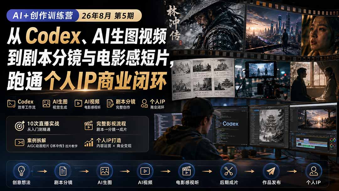 AI+创作训练营26年8月第5期：从Codex、AI生图视频到剧本分镜与电影感短片，跑通个人IP商业闭环-孔明聊项目