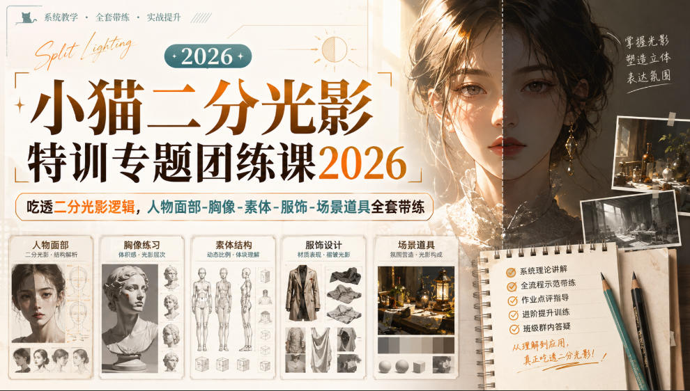 小猫二分光影特训专题团练课2026｜吃透二分光影逻辑，人物面部‑胸像‑素体‑服饰‑场景道具全套带练，高清画质附赠课件与笔刷-孔明聊项目
