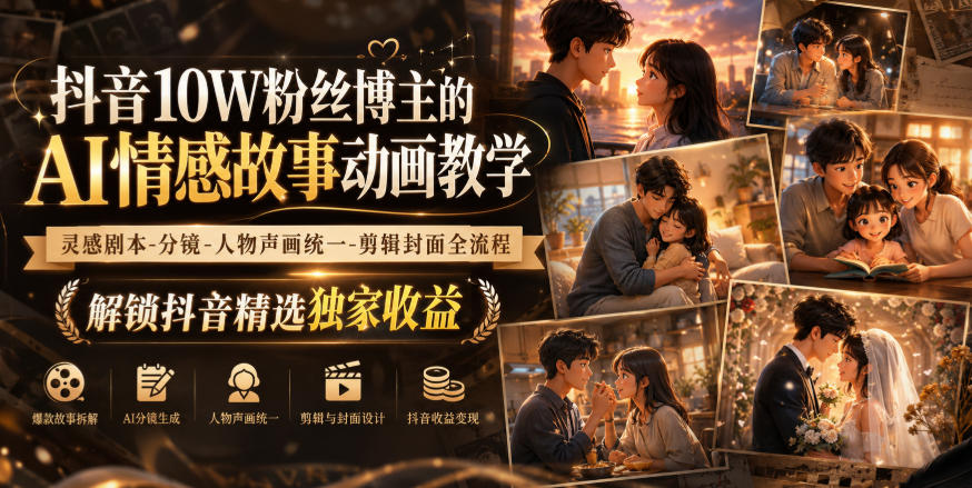 抖音10W粉丝博主的AI情感故事动画教学，灵感剧本‑分镜‑人物声画统一‑剪辑封面全流程，解锁抖音精选独家收益-孔明聊项目