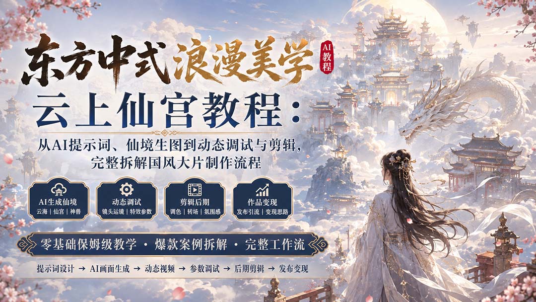 东方中式浪漫美学云上仙宫教程：从AI提示词、仙境生图到动态调试与剪辑，完整拆解国风大片制作流程-孔明聊项目