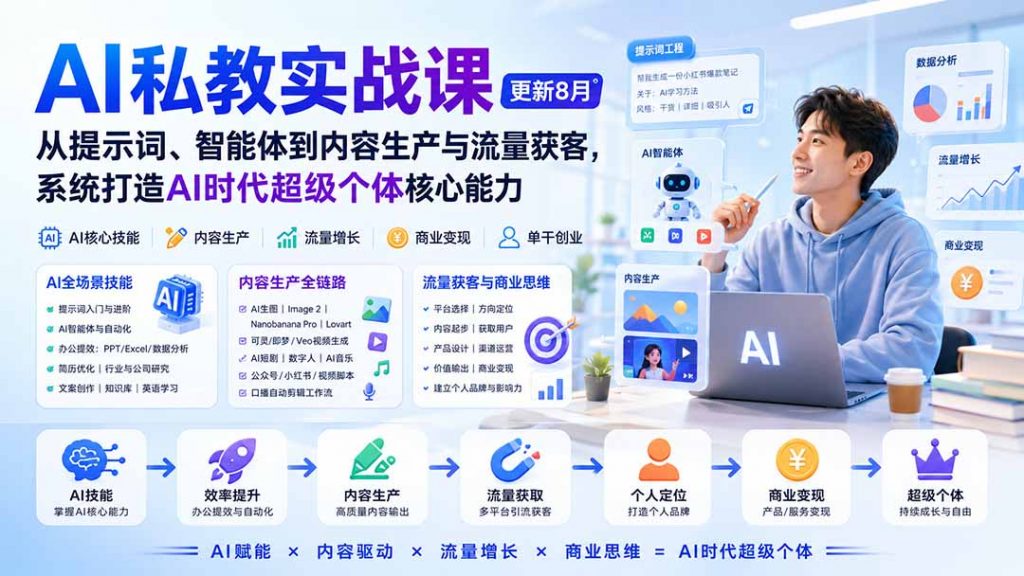 AI私教实战课-更新8月：从提示词、智能体到内容生产与流量获客，系统打造AI时代超级个体核心能力-孔明聊项目