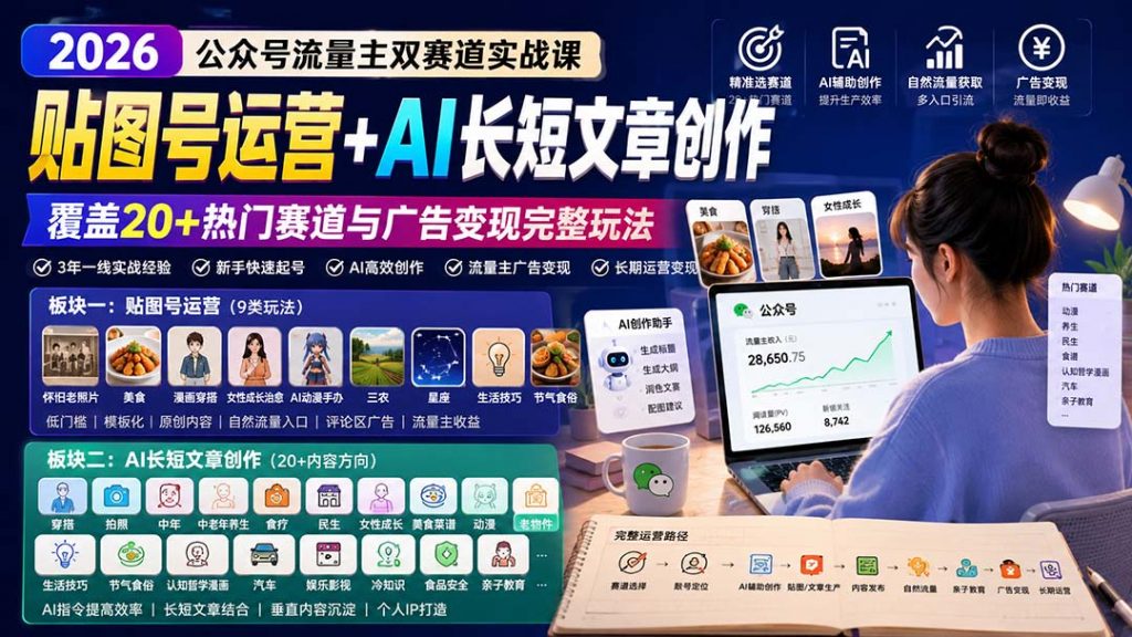 公众号流量主双赛道实战课:贴图号运营+AI长短文章创作,覆盖20+热门赛道与广告变现完整玩法-孔明聊项目
