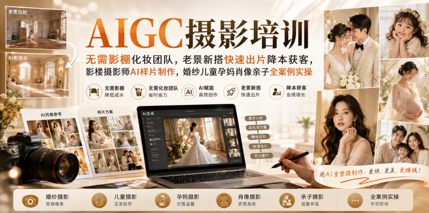AIGC摄影培训｜无需影棚化妆团队，老景新搭快速出片降本获客，影楼摄影师AI样片制作，婚纱儿童孕妈肖像亲子全案例实操-孔明聊项目