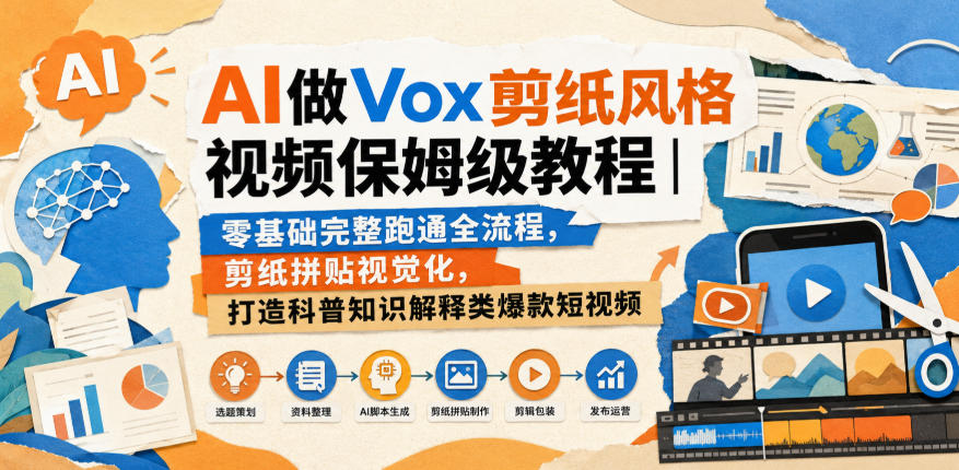 AI做Vox剪纸风格视频保姆级教程｜零基础完整跑通全流程，剪纸拼贴视觉化，打造科普知识解释类爆款短视频-孔明聊项目