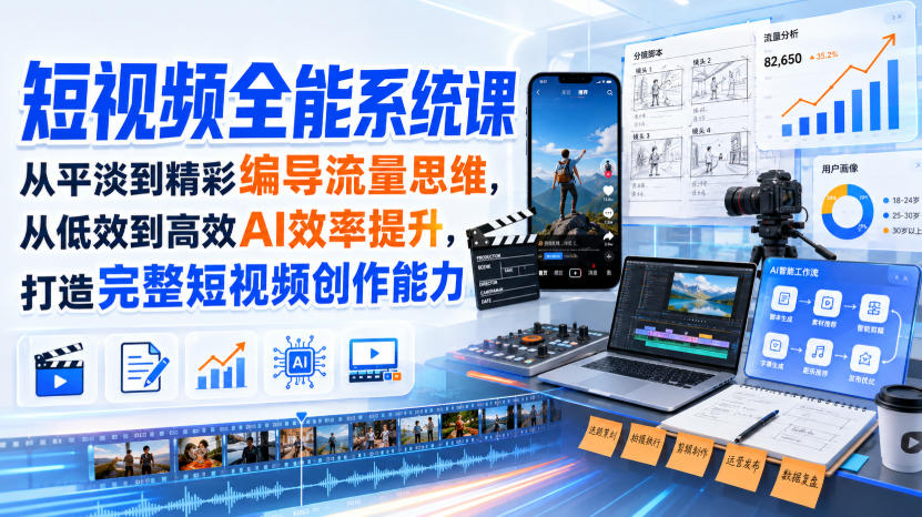 短视频全能系统课，从平淡到精彩编导流量思维，从低效到高效AI效率提升，打造完整短视频创作能力(2026年8月30更新233集)-孔明聊项目