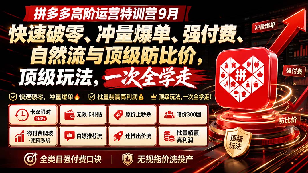 拼多多高阶运营特训营9月：快速破零、冲量爆单、强付费、自然流与顶级防比价， 顶级玩法，一次全学走-孔明聊项目