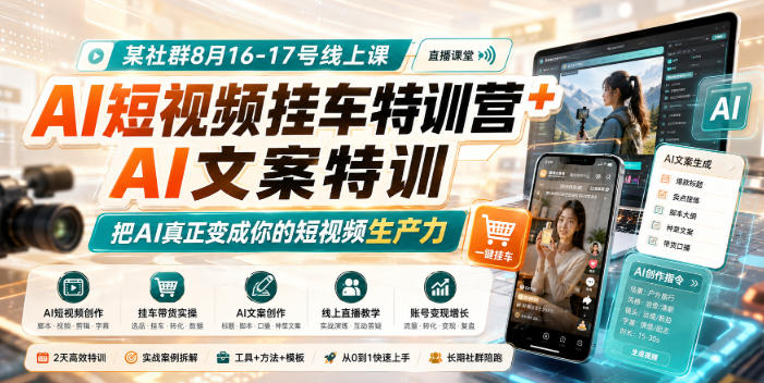 某社群8月16-17号线上课，AI短视频挂车特训营+AI文案特训，把AI真正变成你的短视频生产力-孔明聊项目