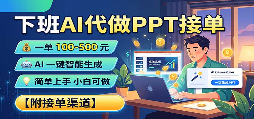 下班AI代做PPT接单，一单100-500，AI一键生成，小白也能做，附接单渠道-孔明聊项目