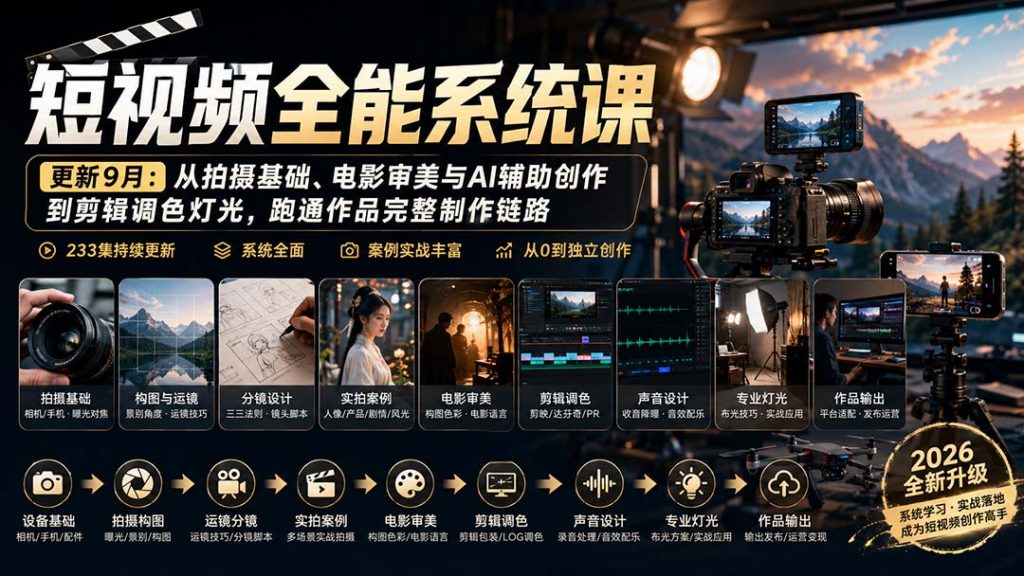 短视频全能系统课-更新8月233集:从拍摄基础、电影审美与AI辅助创作到剪辑调色灯光,跑通作品完整制作链路-孔明聊项目