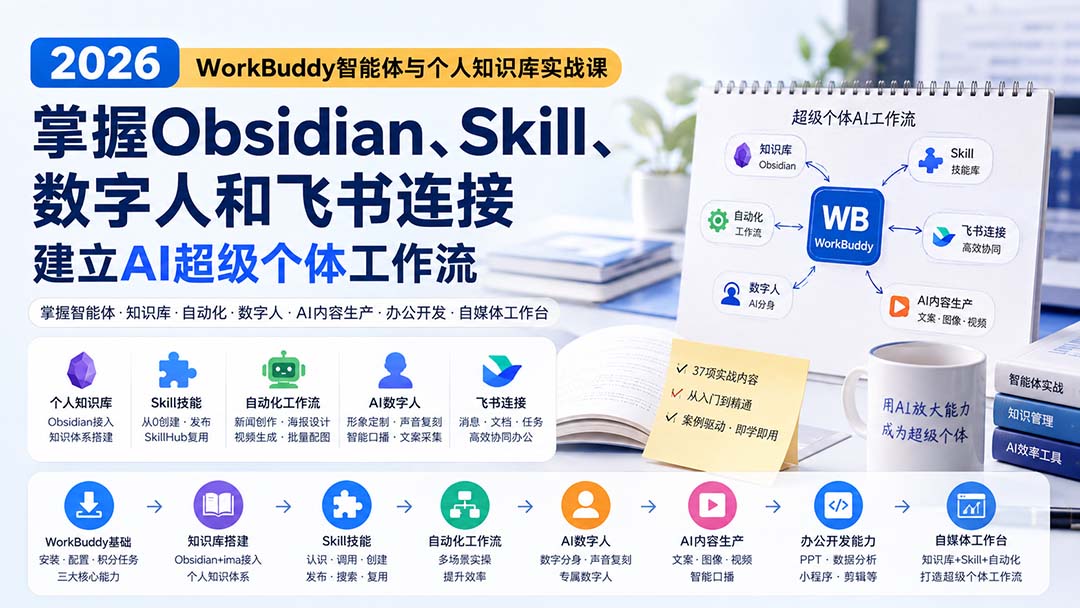 2026 WorkBuddy智能体与个人知识库实战课：掌握Obsidian、Skill、数字人和飞书连接，建立AI超级个体工作流-孔明聊项目