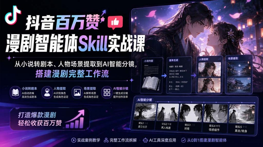 抖音百万赞漫剧智能体Skill实战课：从小说转剧本、人物场景提取到AI智能分镜，搭建漫剧完整工作流-孔明聊项目