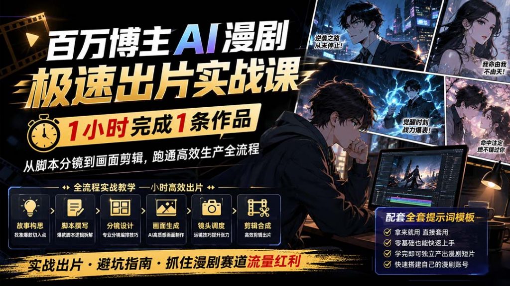 百万博主AI漫剧极速出片实战课:1小时产出条作品,从脚本分镜到画面剪辑,跑通高效生产全流程-孔明聊项目