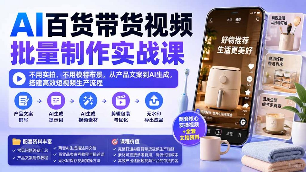 AI百货带货视频批量制作实战课：不用实拍、不用模特布景，从产品文案到AI生成，搭建高效短视频生产流程-孔明聊项目