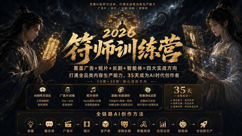 符师训练营-35天成为AI时代创作者，广告+短片+漫剧+智能体四大实战方向，掌握从创意到上线的完整工作流-孔明聊项目
