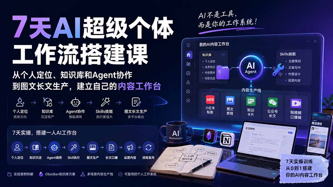 7天AI超级个体工作流搭建课：从个人定位、知识库和Agent协作到图文长文生产，建立自己的内容工作台-孔明聊项目