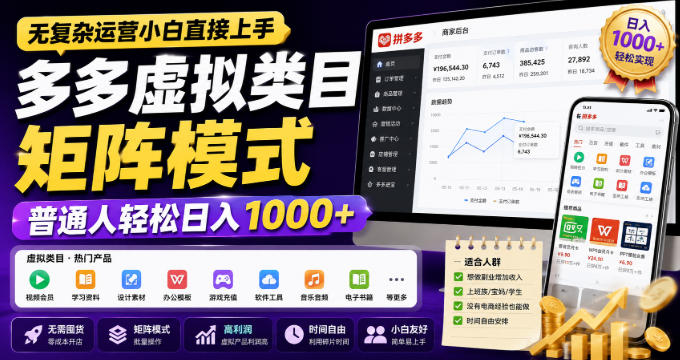 无复杂运营小白直接上手，多多虚拟类目矩阵模式，普通人轻松日入1000+【揭秘】-孔明聊项目