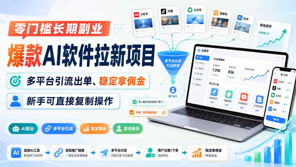 零门槛长期副业，爆款AI软件拉新项目，多平台引流出单、稳定拿佣金，新手可直接复制操作-孔明聊项目