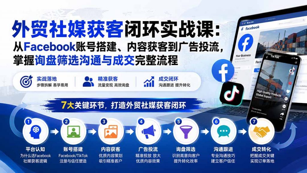 外贸社媒获客闭环实战课：从Facebook账号搭建、内容获客到广告投流，掌握询盘筛选沟通与成交完整流程-孔明聊项目