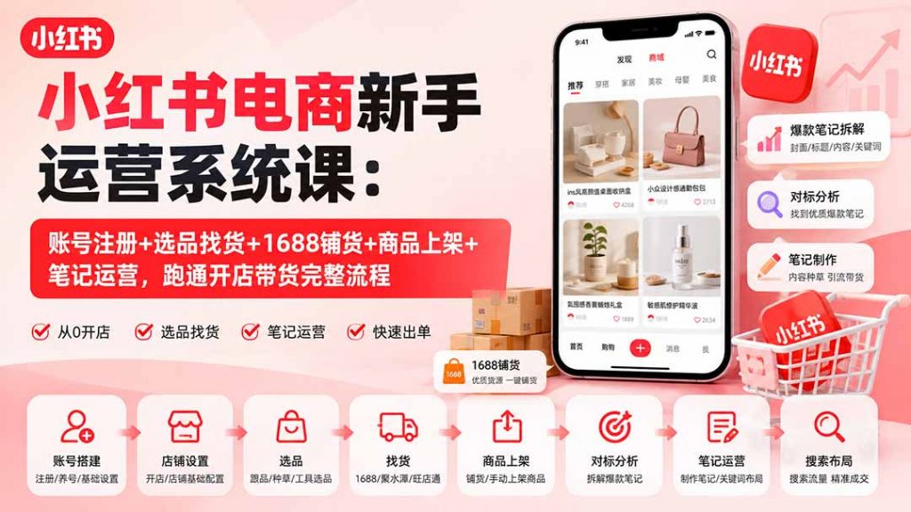 小红书电商新手运营系统课：账号注册+选品找货+1688铺货+商品上架+笔记运营，跑通开店带货完整流程-孔明聊项目