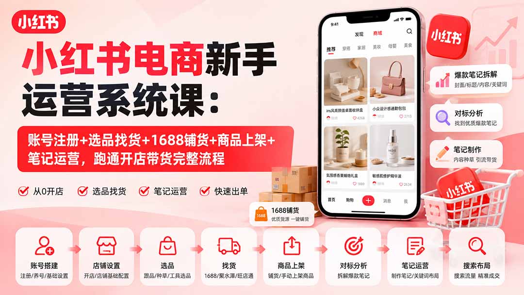 小红书电商新手运营系统课：账号注册+选品找货+1688铺货+商品上架+笔记运营，跑通开店带货完整流程-孔明聊项目