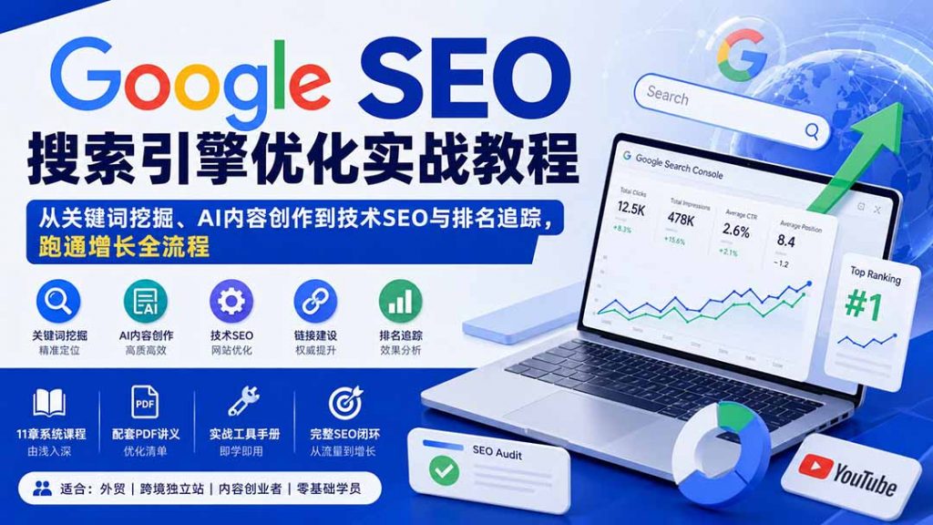 Google SEO搜索引擎优化实战教程：从关键词挖掘、AI内容创作到技术SEO与排名追踪，跑通增长全流程-孔明聊项目
