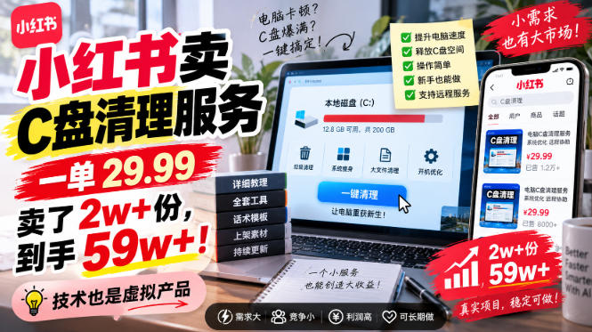 小红书卖C盘清理服务，一单29.99，卖了2w+份，技术也是虚拟产品-孔明聊项目