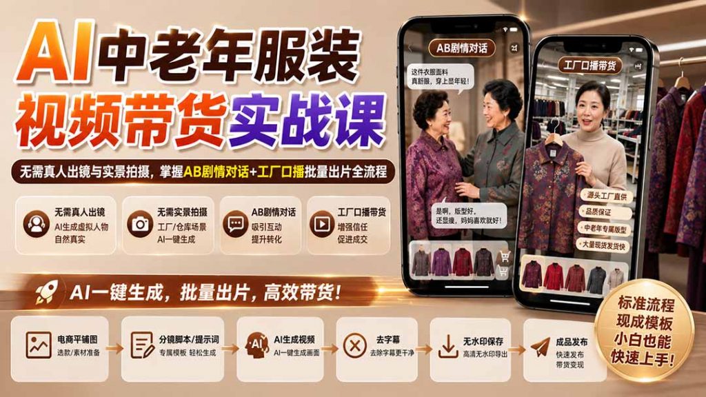 AI中老年服装视频带货实战课：无需真人出镜与实景拍摄，掌握AB剧情对话+工厂口播批量出片全流程-孔明聊项目