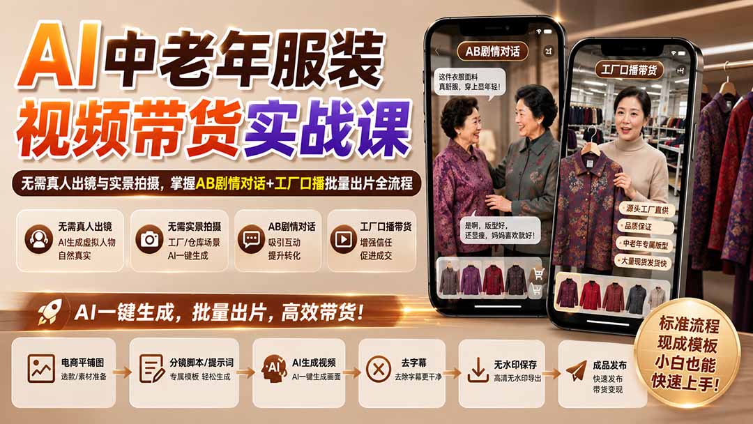 AI中老年服装视频带货实战课：无需真人出镜与实景拍摄，掌握AB剧情对话+工厂口播批量出片全流程-孔明聊项目