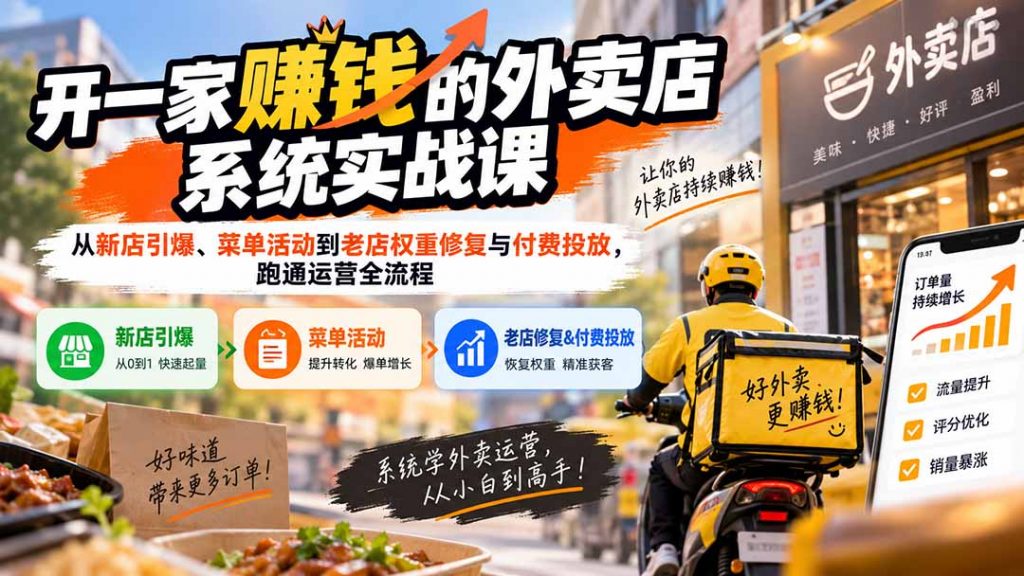 开一家赚钱的外卖店系统实战课：从新店引爆、菜单活动到老店权重修复与付费投放，跑通运营全流程-孔明聊项目